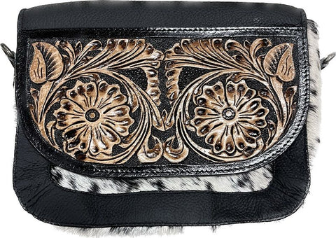 Cowhide Crossbody Bag - Floral Tooled