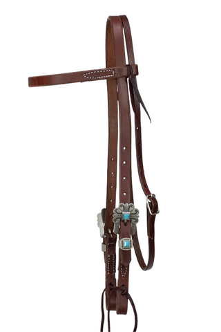 Browband - 3/4" Leather with Antique Silver & Turquoise Stone